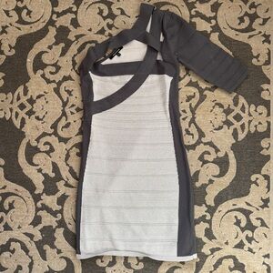 Grey and black bodycon dress with cut out shoulders #bodycon